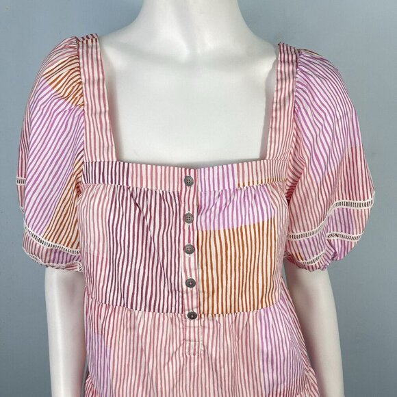 Anthropologie Maeve Gable Tiered Tunic Square Neck Puff Sleeves Top Pink -Small - Picture 2 of 15